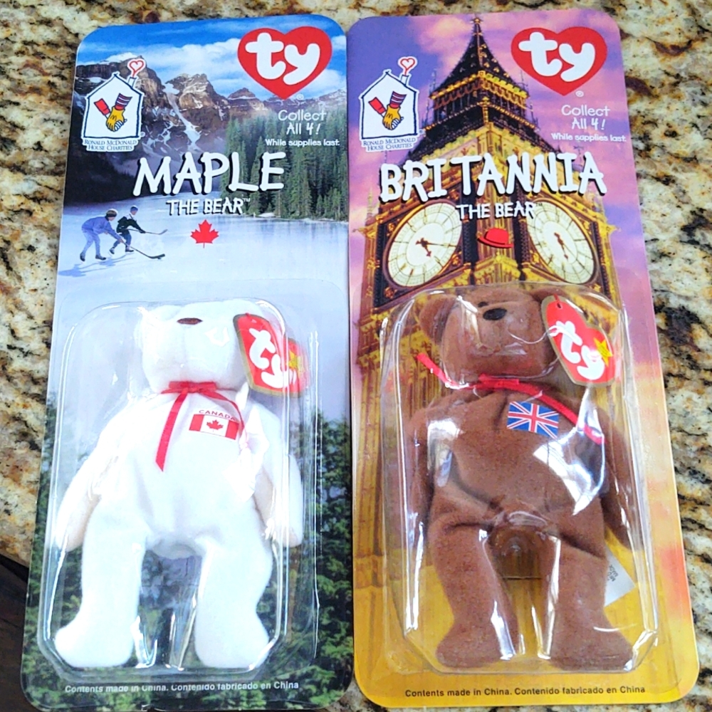 Ronald McDonald International Beanie Bears Maple, Glory, & Brittannia New in Box
